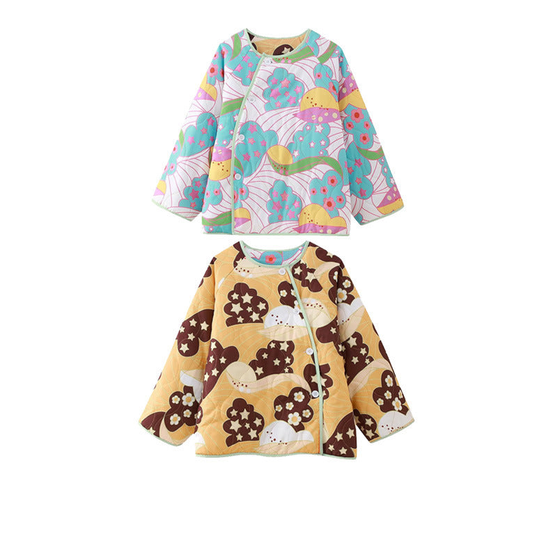 2 Side Wears Ethnic Contrast Color Flower Print Round neck Reversible Coat Women Oblique Buttons 3/4 Flare Sleeve Warm Jacket