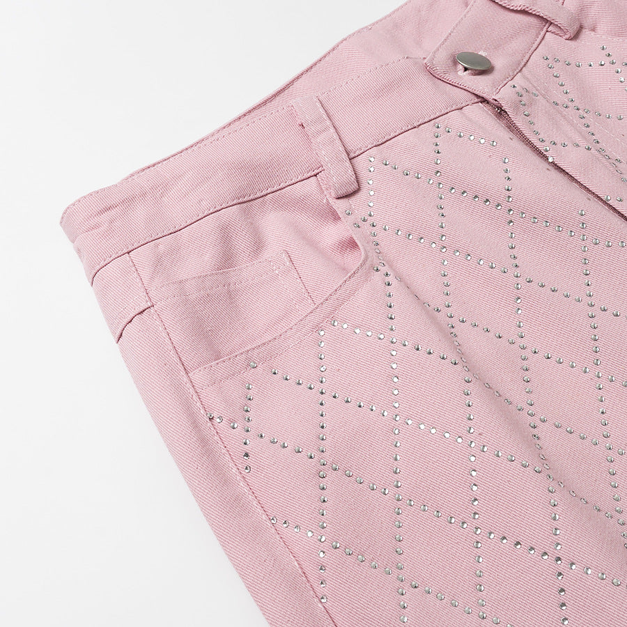 Casual diamond studded casual denim pants for women