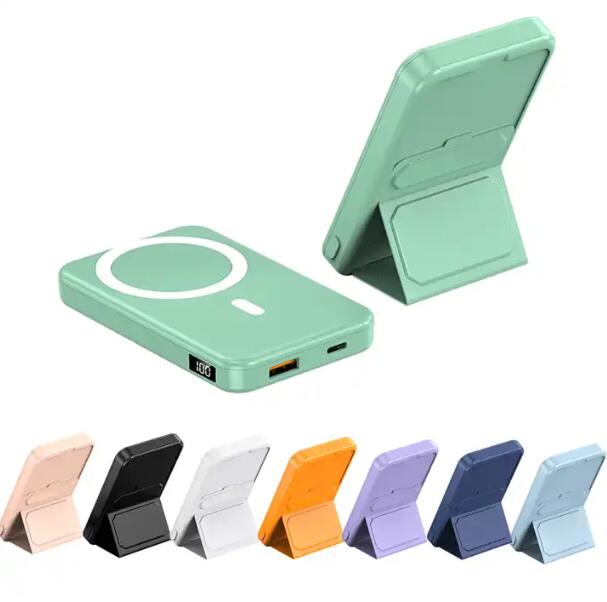 Custom logo magnetic power bank with kickstand in multiple colors including green black white and orange