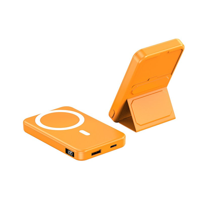 Orange custom logo magnetic power bank with digital display and foldable stand by eprolo