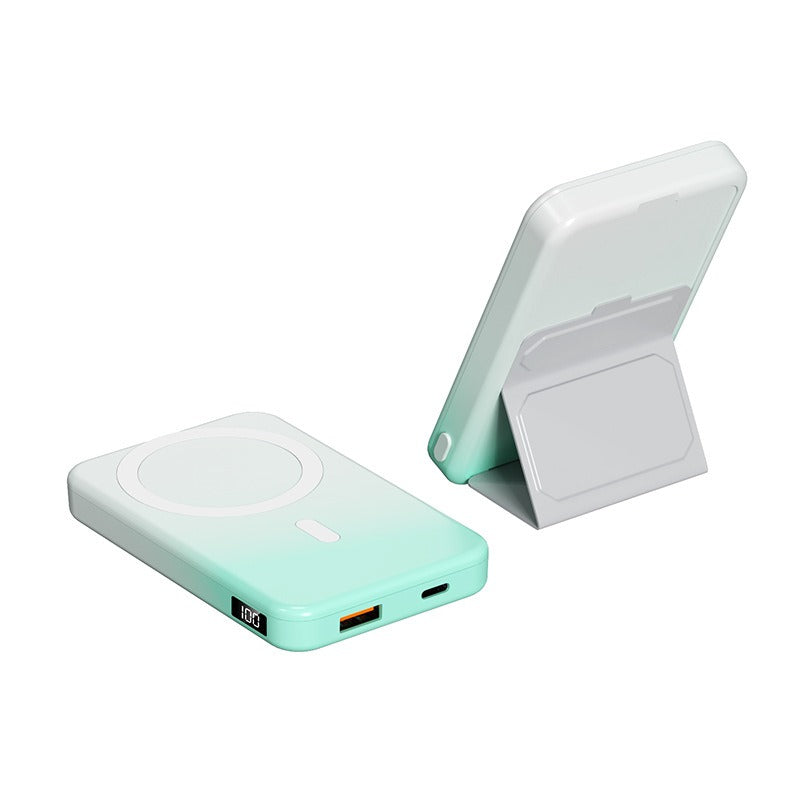 Custom logo magnetic power bank in mint green with digital display and foldable stand by eprolo