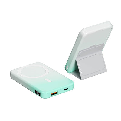 Custom logo magnetic power bank in mint green with digital display and foldable stand by eprolo