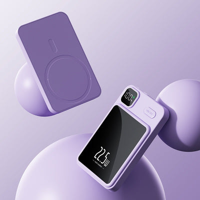 Purple magnetic power bank for smartphones with digital display and compact design by eprolo