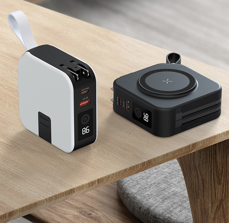 eprolo magnetic wireless power bank 10000mAh in black and white with digital display on wooden table