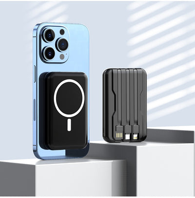eprolo MagSafe magnetic wireless power bank attached to blue smartphone with built-in charging cables