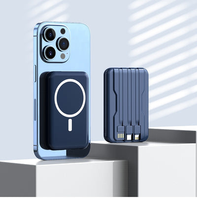 eprolo MagSafe magnetic wireless power bank attached to a smartphone with built-in charging cables