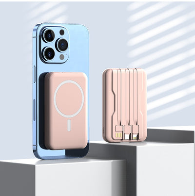 eprolo MagSafe magnetic wireless power bank in pink attached to a blue smartphone and shown with built-in charging cables